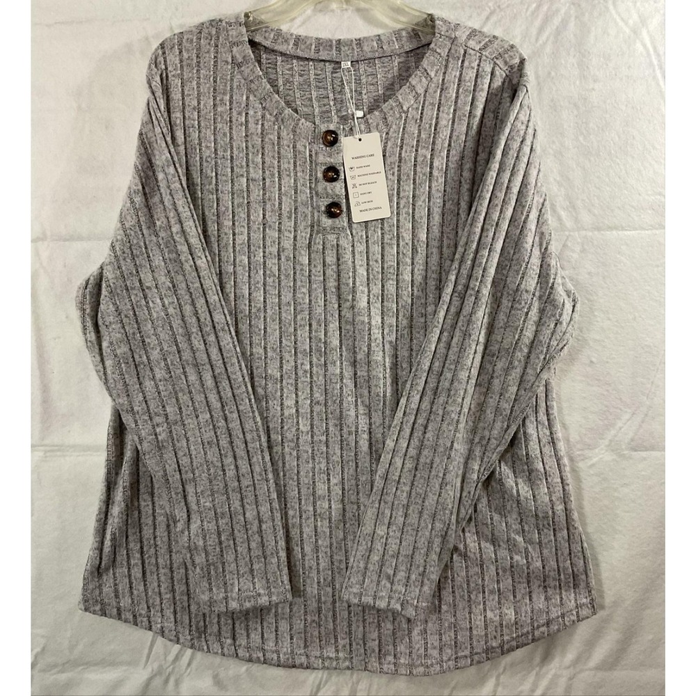 DOLNINE Shirt Womens 2XL Gray Ribbed Knit Henley Long Sleeve Tunic‎ Top Stretch